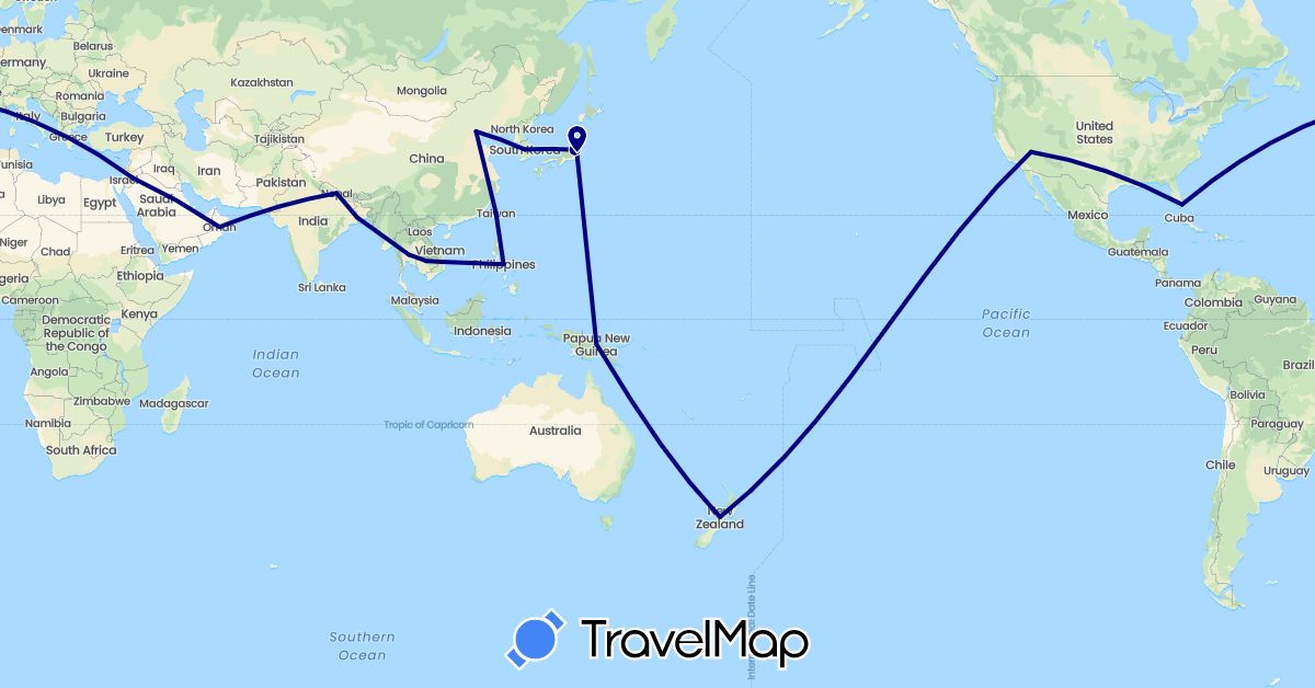 TravelMap itinerary: driving in China, India, Jordan, Japan, Cambodia, South Korea, Nepal, New Zealand, Oman, Papua New Guinea, Philippines, Thailand, Taiwan, United States, Vietnam (Asia, North America, Oceania)
